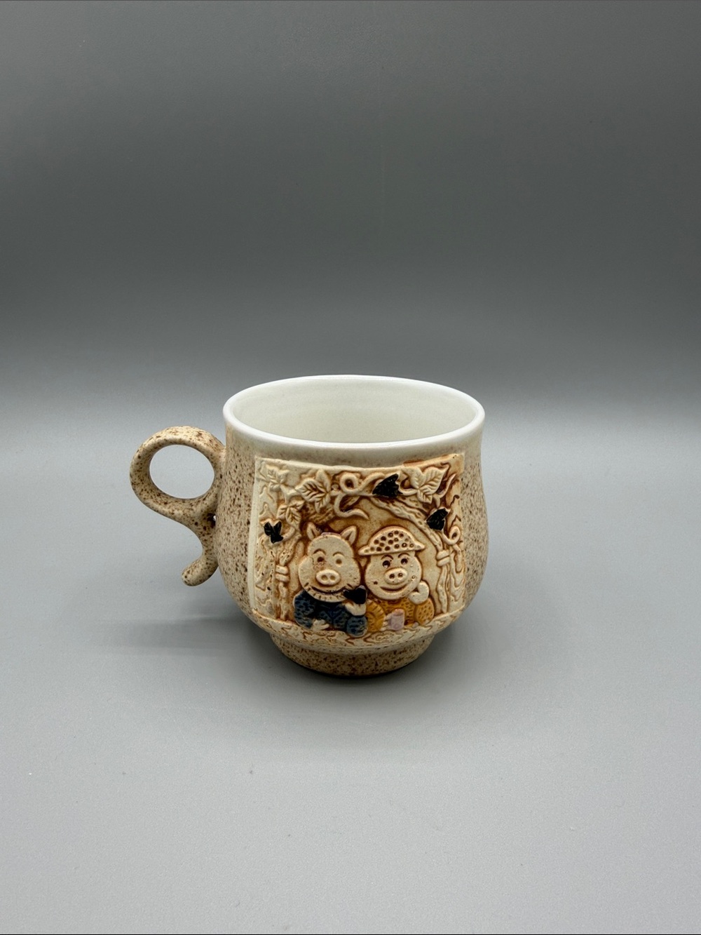 Ceramic Beige Sculpted Pig Motif Coffee Mug by